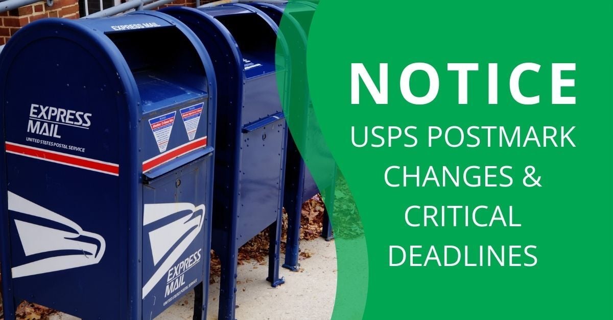 USPS mailboxes with text overlay of USPS Postmark Changes and Critical Deadlines