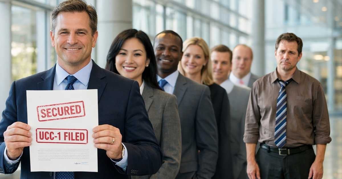 business people in a line, first person is happy, last person is sad