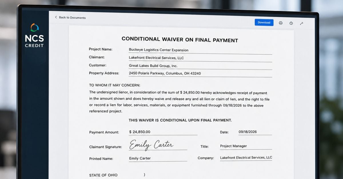 conditional lien waiver on monitor with ncs logo on screen