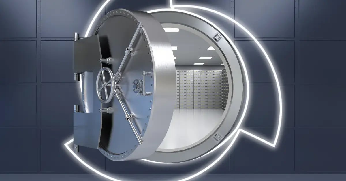 large walk in vault open with NCS credit logo surrounding the door