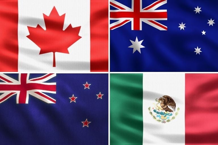 canada, australia, new zealand and mexico flags