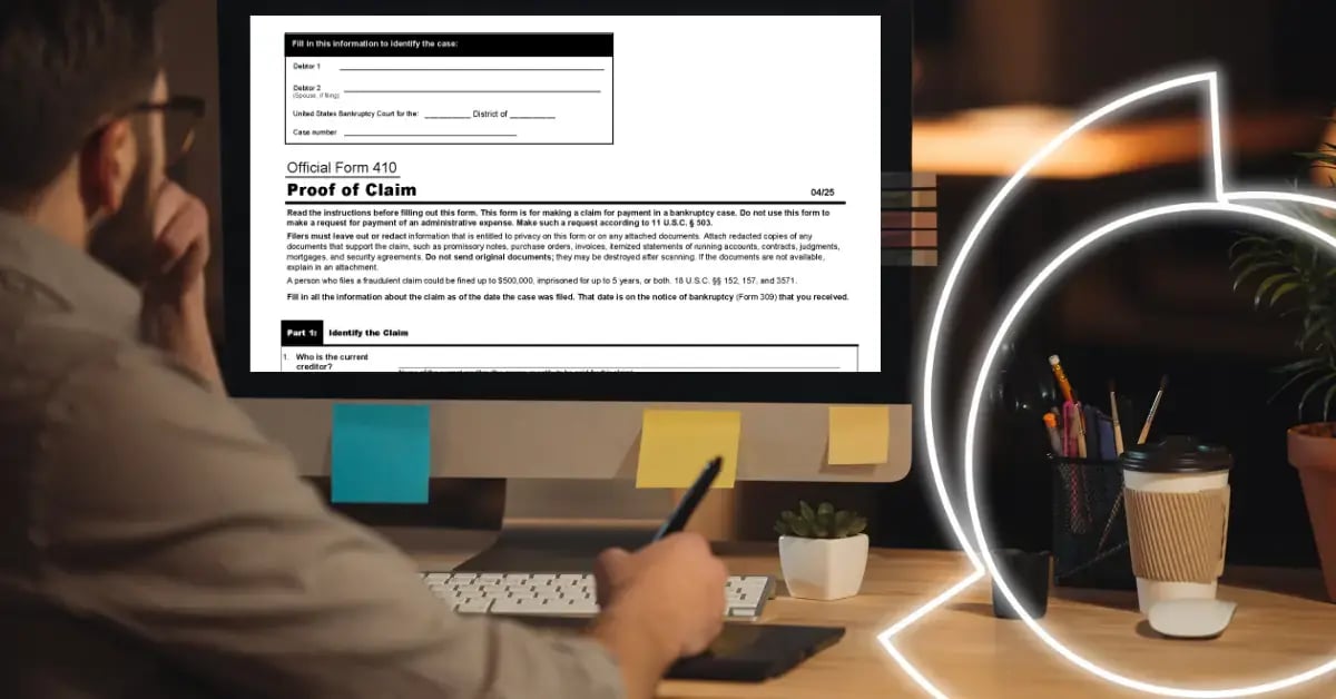 computer on desk with proof of claim 410 filing example on screen and ncs halo logo