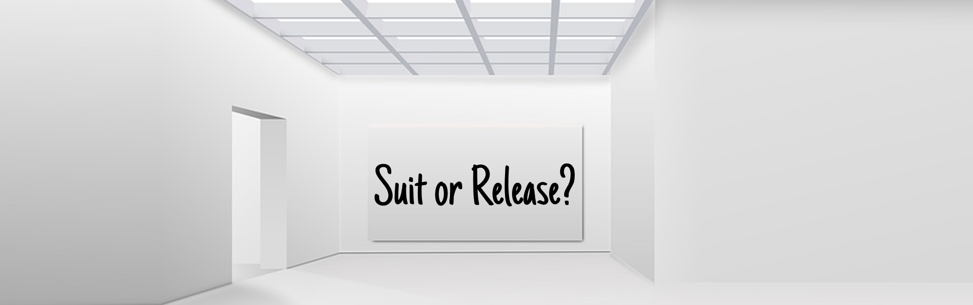A picture containing indoor, cabinet, wall, facing sign that reads Suit or Release?