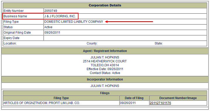 A screenshot showing the result of searching J & J Flooring on the Ohio Secretary of State's website. The Business Name row is marked with a red box and the Filing Type is marked with a red arrow.