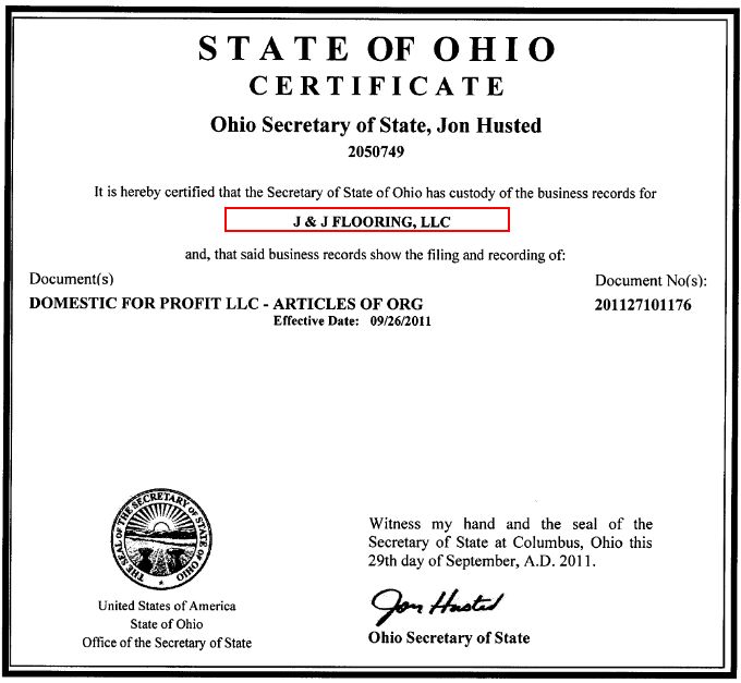 A screenshot showing the Articles of Incorporation for J & J Flooring with a red box around the official corporate legal name being J & J Flooring, LLC.