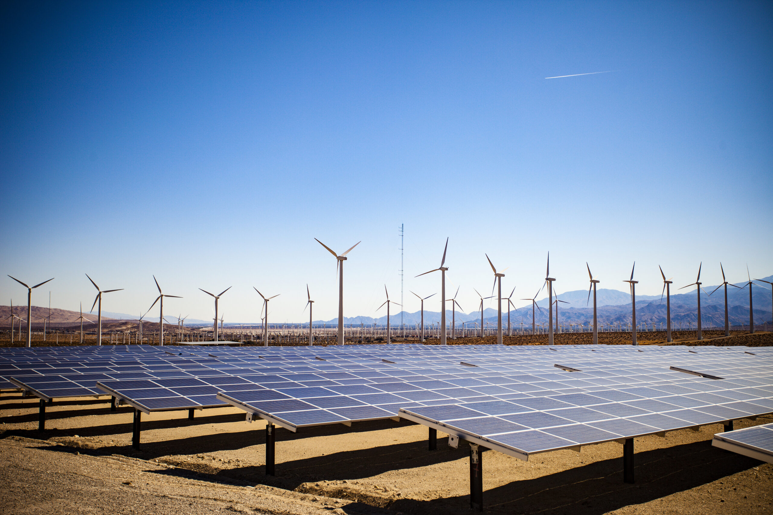 field of windmills creating solar energy